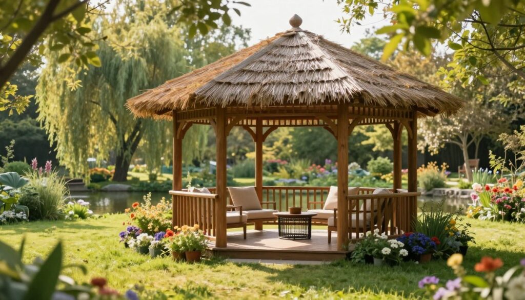 A beautiful garden gazebo, or "altana ogrodowa," located in a serene outdoor setting. In the foreground, lush green grass surrounds the gazebo, adorned with colorful flowers and blooming plants. The gazebo features an elegant wooden structure with a thatched roof, creating a cozy and inviting atmosphere. In the middle ground, a shaded seating area with comfortable chairs and a small table invites relaxation. The sun filters through the leaves of nearby trees, casting dappled shadows and creating a warm golden hue. In the background, a tranquil garden scene with a small pond and swaying willow trees enhances the peaceful mood. Capture this idyllic setting with a soft focus lens to evoke a sense of tranquility and comfort.
