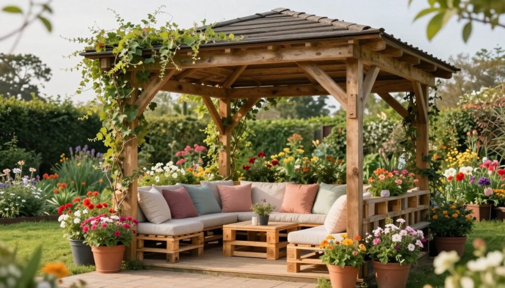 A beautifully arranged garden gazebo made from wooden pallets, featuring cozy seating and decorative elements. In the foreground, a comfortable seating area with plush cushions in pastel colors, surrounded by potted plants overflowing with vibrant flowers. In the middle, the gazebo structure showcases rustic charm, with wooden beams and climbing vines wrapping around the frame. The background reveals a lush garden filled with greenery and colorful blooms under soft, warm daylight. The lighting is soft and inviting, creating a tranquil and welcoming atmosphere. The angle captures the gazebo from slightly below eye level, enhancing its grandeur and the lush surrounding landscape, inviting viewers to imagine relaxing in this serene outdoor space. A beautifully arranged garden gazebo made from wooden pallets, featuring cozy seating and decorative elements. In the foreground, a comfortable seating area with plush cushions in pastel colors, surrounded by potted plants overflowing with vibrant flowers. In the middle, the gazebo structure showcases rustic charm, with wooden beams and climbing vines wrapping around the frame. The background reveals a lush garden filled with greenery and colorful blooms under soft, warm daylight. The lighting is soft and inviting, creating a tranquil and welcoming atmosphere. The angle captures the gazebo from slightly below eye level, enhancing its grandeur and the lush surrounding landscape, inviting viewers to imagine relaxing in this serene outdoor space.
