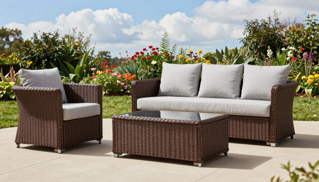 A beautifully arranged outdoor scene featuring a stylish technorattan furniture set, including a comfortable sofa, coffee table, and matching lounge chairs. The foreground showcases the intricate weave of technorattan in a rich dark brown color, with soft cushions in light gray for contrast. The middle ground reveals a lush, green garden filled with vibrant flowers and leafy plants, creating a relaxing atmosphere. In the background, a clear blue sky with fluffy white clouds enhances the serene setting. Natural sunlight casts gentle shadows, enriching the textures of the furniture and the surrounding greenery. This inviting scene elicits a sense of warmth and tranquility, perfect for outdoor gatherings.