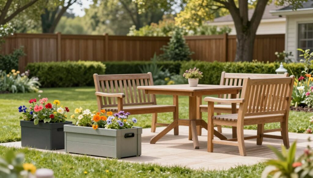 A beautifully arranged outdoor space featuring a set of durable garden furniture, including elegant wooden benches and a stylish table. In the foreground, a well-organized storage box made of weather-resistant material sits beside a planter full of colorful flowers. The middle ground showcases a lush green lawn and neatly trimmed hedges, while the background reveals a serene garden view with a wooden fence and tall trees, dappled sunlight filtering through the leaves. The atmosphere is warm and inviting, emphasizing a sense of tranquility and order. The image captures this scene in soft, natural lighting with a slight lens blur to create depth, focusing on the furniture and storage solutions as essential elements of an organized garden space.
