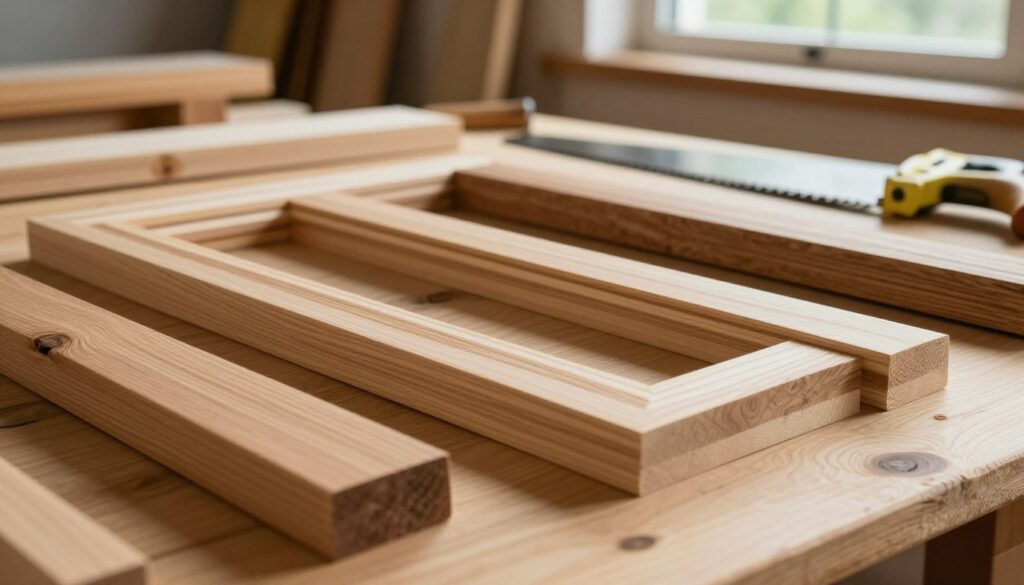 A beautifully arranged selection of wooden materials for constructing a wooden window frame, featuring different types of timber such as oak, pine, and cedar. In the foreground, showcase planks of varying widths and textures, with visible grain patterns and knots, highlighting the natural beauty of each piece. In the middle ground, display tools like a saw and measuring tape to suggest craftsmanship. The background should be a softly lit workshop setting, with warm wooden surfaces and a hint of greenery visible through a window, creating an inviting atmosphere. Use natural light to enhance the warmth of the wood tones, capturing a mood of calm productivity and craftsmanship. A beautifully arranged selection of wooden materials for constructing a wooden window frame, featuring different types of timber such as oak, pine, and cedar. In the foreground, showcase planks of varying widths and textures, with visible grain patterns and knots, highlighting the natural beauty of each piece. In the middle ground, display tools like a saw and measuring tape to suggest craftsmanship. The background should be a softly lit workshop setting, with warm wooden surfaces and a hint of greenery visible through a window, creating an inviting atmosphere. Use natural light to enhance the warmth of the wood tones, capturing a mood of calm productivity and craftsmanship.