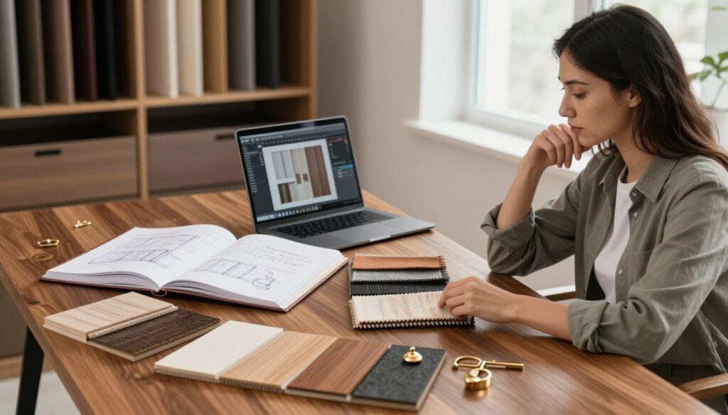 A beautifully arranged workspace showcasing a custom wardrobe material selection process. In the foreground, display a rich wooden table with various samples of materials like wood finishes, fabric swatches, and metallic accessories neatly organized. A professional designer, wearing smart casual attire, examines the swatches, deep in thought about the design choices. In the middle ground, a large open notebook with sketches of wardrobe designs and notes lies beside a laptop with design software visible on the screen. The background features a well-lit room with a partially assembled wardrobe, showcasing an array of materials and colors. Soft, natural light filters in from a window, creating a warm and inviting atmosphere, emphasizing creativity and professionalism in custom wardrobe design. A beautifully arranged workspace showcasing a custom wardrobe material selection process. In the foreground, display a rich wooden table with various samples of materials like wood finishes, fabric swatches, and metallic accessories neatly organized. A professional designer, wearing smart casual attire, examines the swatches, deep in thought about the design choices. In the middle ground, a large open notebook with sketches of wardrobe designs and notes lies beside a laptop with design software visible on the screen. The background features a well-lit room with a partially assembled wardrobe, showcasing an array of materials and colors. Soft, natural light filters in from a window, creating a warm and inviting atmosphere, emphasizing creativity and professionalism in custom wardrobe design.