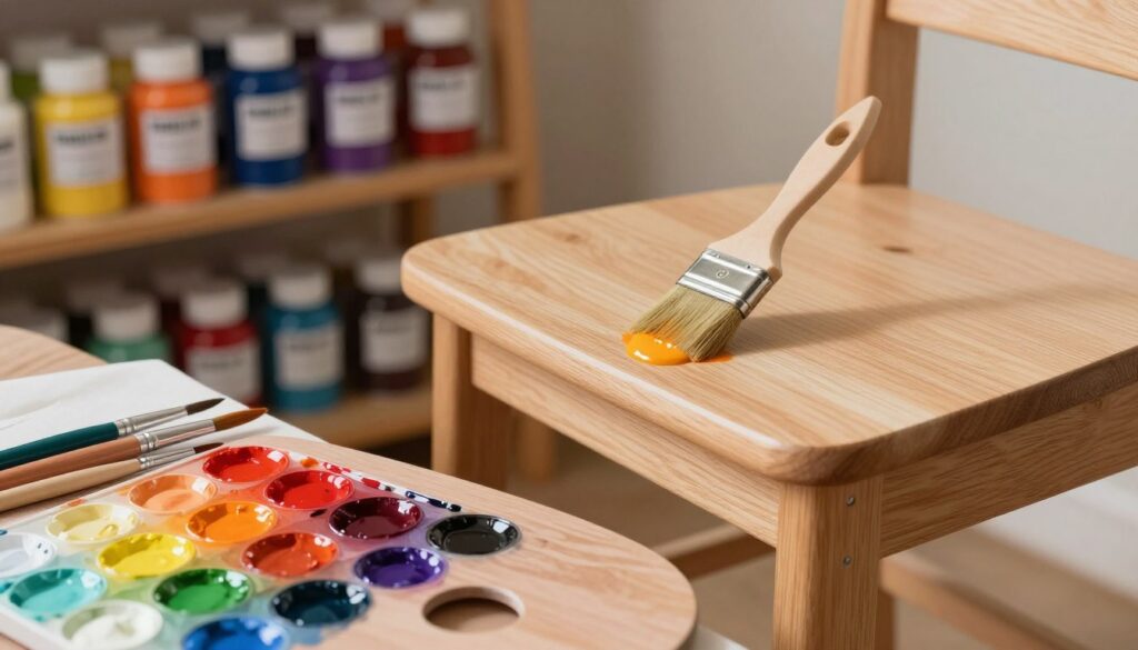 A beautifully arranged workspace showcasing acrylic paints specifically designed for wooden furniture. In the foreground, an artist's palette filled with vibrant acrylic colors, with a few paintbrushes resting beside it. The middle section features a well-finished wooden chair being painted with a soft brush, showcasing smooth strokes and the glossy finish of the acrylic paint. In the background, a soft-focus view of wooden shelves displaying various cans of acrylic paint, with labels highlighting their use for wooden surfaces. The lighting is warm and natural, illuminating the textures of the wood and paint, evoking a creative and inviting atmosphere. The scene is captured from a slightly elevated angle, providing a comprehensive view of the crafting process without any distractions.