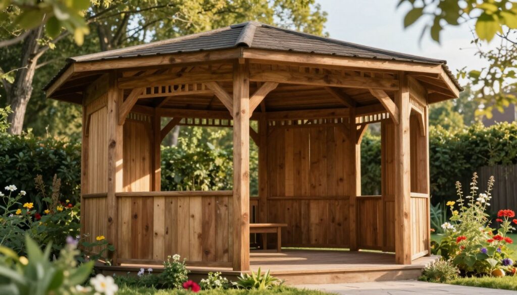A beautifully constructed wooden garden gazebo with intricately designed walls made of natural wood planks, showcasing various styles of wooden paneling for wind and rain protection. In the foreground, lush greenery and vibrant flowers surround the gazebo, enhancing its charming atmosphere. The middle features the sturdy timber walls of the gazebo, sun-kissed by warm afternoon light, creating a cozy and inviting mood. In the background, soft-focus trees provide a natural backdrop, with dappled sunlight filtering through the leaves. The image captures the essence of creating a sheltered outdoor space, inviting the viewer to imagine enjoying its tranquility. Ideal for showcasing the use of wood in garden structures, the angle is slightly tilted upward to emphasize the height and grandeur of the gazebo while maintaining a serene ambiance. A beautifully constructed wooden garden gazebo with intricately designed walls made of natural wood planks, showcasing various styles of wooden paneling for wind and rain protection. In the foreground, lush greenery and vibrant flowers surround the gazebo, enhancing its charming atmosphere. The middle features the sturdy timber walls of the gazebo, sun-kissed by warm afternoon light, creating a cozy and inviting mood. In the background, soft-focus trees provide a natural backdrop, with dappled sunlight filtering through the leaves. The image captures the essence of creating a sheltered outdoor space, inviting the viewer to imagine enjoying its tranquility. Ideal for showcasing the use of wood in garden structures, the angle is slightly tilted upward to emphasize the height and grandeur of the gazebo while maintaining a serene ambiance.