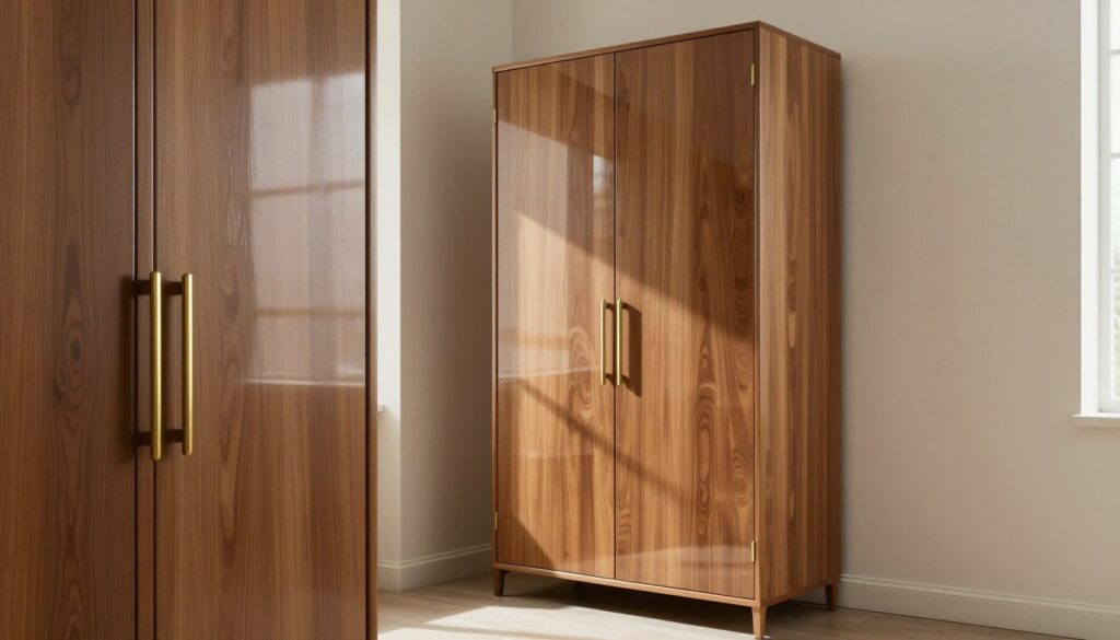 A beautifully crafted freestanding wardrobe featuring elegant finishings, with smooth, glossy front panels reflecting a modern aesthetic. In the foreground, showcase a close-up of textured wood grain and sleek brass handles, highlighting attention to detail. In the middle space, illustrate the wardrobe fully assembled against a minimalist interior backdrop, perhaps a softly lit room with neutral-colored walls. Natural light filters through a nearby window, casting warm accents on the wardrobe’s surface. The atmosphere should convey a sense of sophistication and harmony, perfect for a cozy yet stylish living space. Capture the wardrobe from a slightly elevated angle to emphasize its design, creating a sense of depth and inviting curiosity about its craftsmanship. A beautifully crafted freestanding wardrobe featuring elegant finishings, with smooth, glossy front panels reflecting a modern aesthetic. In the foreground, showcase a close-up of textured wood grain and sleek brass handles, highlighting attention to detail. In the middle space, illustrate the wardrobe fully assembled against a minimalist interior backdrop, perhaps a softly lit room with neutral-colored walls. Natural light filters through a nearby window, casting warm accents on the wardrobe’s surface. The atmosphere should convey a sense of sophistication and harmony, perfect for a cozy yet stylish living space. Capture the wardrobe from a slightly elevated angle to emphasize its design, creating a sense of depth and inviting curiosity about its craftsmanship.