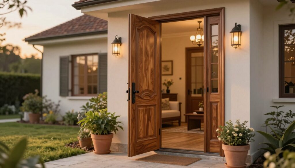 A beautifully crafted front door, showcasing intricate wood grain and elegant design, positioned prominently in the foreground. The door is partially open, revealing a cozy, warmly lit interior that suggests comfort and ambiance. In the middle ground, a well-maintained entryway leads to a small porch adorned with potted plants, adding a touch of nature. The background features a quaint house with charming architecture, surrounded by a soft, natural landscape. The scene is illuminated by gentle, golden sunset light, creating a welcoming atmosphere. The angle is slightly low, emphasizing the door's importance as a barrier to drafts and heat loss. The overall mood is serene and inviting, promoting the idea of energy efficiency and the beauty of a well-insulated entrance.