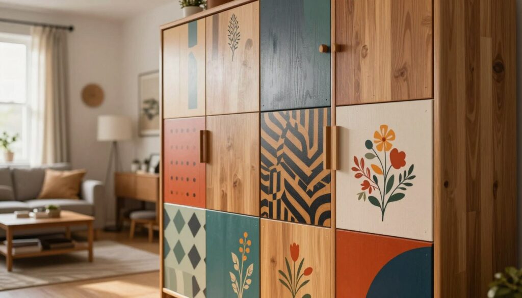 A beautifully crafted wardrobe with creatively finished cabinet fronts, prominently displayed in the foreground. The wardrobe features an eclectic mix of textures, showcasing natural wood, bold paint colors, and stylish decals. The middle of the composition includes various design elements such as geometric patterns and floral motifs, illustrating DIY techniques. The background shows a cozy, modern living space with soft lighting filtering through a nearby window, casting a warm glow. The atmosphere is inviting and trendy, inspiring creativity and comfort. The perspective is slightly angled, emphasizing the wardrobe's depth and craftsmanship. This scene is designed to evoke a sense of innovation and affordability in furniture design.