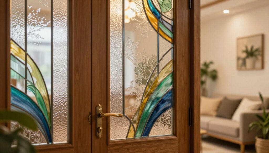 A beautifully crafted wooden door featuring elegant frosted glass panels, partially obscured by artistic glass paint designs that evoke a sense of privacy and sophistication. The foreground highlights the intricacies of the glass paint application, showcasing vibrant colors blending seamlessly into delicate patterns. In the middle ground, the door stands prominently against a softly lit interior space, enhanced by warm, ambient lighting. The background features inviting decor elements like indoor plants and soft textures, creating a cozy atmosphere. The scene is captured from a slight angle to emphasize the door's design, providing a sense of depth and inviting viewers to consider DIY projects. The overall mood is serene and creatively inspiring, ideal for those seeking stylish ways to enhance privacy. A beautifully crafted wooden door featuring elegant frosted glass panels, partially obscured by artistic glass paint designs that evoke a sense of privacy and sophistication. The foreground highlights the intricacies of the glass paint application, showcasing vibrant colors blending seamlessly into delicate patterns. In the middle ground, the door stands prominently against a softly lit interior space, enhanced by warm, ambient lighting. The background features inviting decor elements like indoor plants and soft textures, creating a cozy atmosphere. The scene is captured from a slight angle to emphasize the door's design, providing a sense of depth and inviting viewers to consider DIY projects. The overall mood is serene and creatively inspiring, ideal for those seeking stylish ways to enhance privacy.