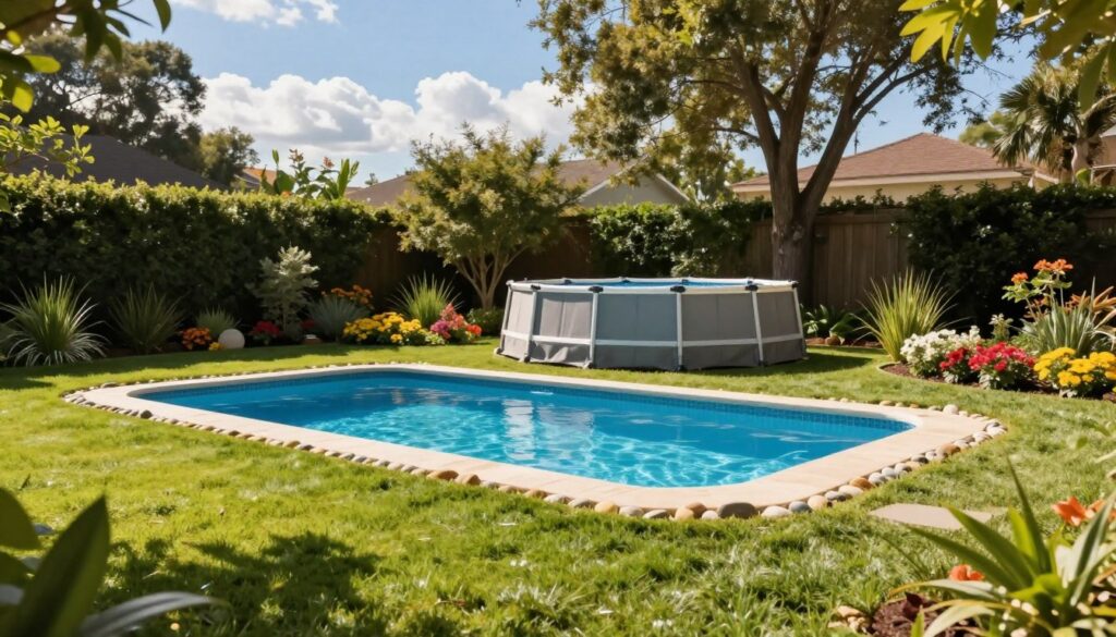 A beautifully designed garden featuring a well-placed, elegant backyard swimming pool. In the foreground, smooth, lush green grass surrounds the pool, with small decorative stones outlining its perimeter. The middle ground showcases a sturdy, above-ground pool set on a flat, secure base, surrounded by vibrant flower beds and garden plants. In the background, tall trees provide shade and add depth, while a bright blue sky with scattered fluffy clouds enhances the scene. The lighting is warm and inviting, simulating a sunny day with soft shadows cast across the ground. Capture the tranquility and beauty of outdoor leisure, emphasizing the importance of suitable ground and space for the pool setting.