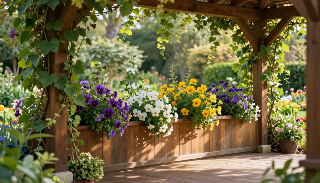 A beautifully designed garden pavilion wall adorned with vibrant climbing plants, including lush green vines and colorful flowers. In the foreground, showcase detailed textures of the wooden structure and earth tones of the floor. The middle ground features the rich hues of the plants, with petals in shades of purple, yellow, and white, delicately cascading over the edges of the wooden panels to create a natural barrier. Soft, diffused sunlight filters through the leaves, casting gentle dappled shadows, enhancing the tranquil atmosphere. In the background, a hint of a serene garden landscape can be seen, contributing to a peaceful and inviting mood. The focus is on the harmonious blend of nature and architecture, creating a cozy retreat. A beautifully designed garden pavilion wall adorned with vibrant climbing plants, including lush green vines and colorful flowers. In the foreground, showcase detailed textures of the wooden structure and earth tones of the floor. The middle ground features the rich hues of the plants, with petals in shades of purple, yellow, and white, delicately cascading over the edges of the wooden panels to create a natural barrier. Soft, diffused sunlight filters through the leaves, casting gentle dappled shadows, enhancing the tranquil atmosphere. In the background, a hint of a serene garden landscape can be seen, contributing to a peaceful and inviting mood. The focus is on the harmonious blend of nature and architecture, creating a cozy retreat.