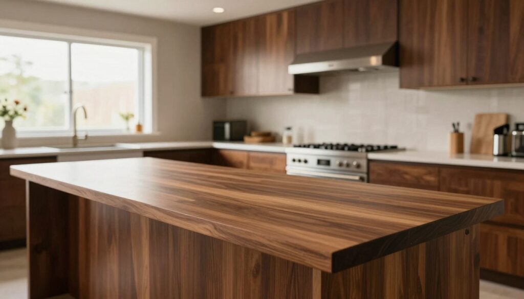 A beautifully designed kitchen featuring brown cabinetry with a stylish countertop. The foreground includes a sleek, polished wooden countertop with a rich, warm tone that complements the brown furniture. In the middle, the kitchen showcases elegant cabinetry with a mixture of dark and light wood finishes, enhancing the aesthetic appeal. The background features a subtle, modern backsplash in neutral colors that harmonizes with the overall design. Natural light floods in through a large window, creating a warm and inviting atmosphere. The scene is captured with a wide-angle lens, emphasizing the spacious layout while maintaining sharp focus on the countertop’s texture. The overall mood is cozy and sophisticated, perfect for illustrating the relationship between countertop materials and brown kitchen furniture styles.