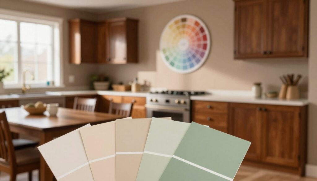 A beautifully designed kitchen interior featuring rich brown furniture, such as cabinets and a dining table, with an emphasis on the harmony of wall colors. In the foreground, showcase a palette of wall paint samples, highlighting shades like creamy beige and soft sage green that complement the brown furniture. In the middle ground, the kitchen scene includes an adjacent window letting in warm, natural light that enhances the inviting atmosphere. In the background, a subtle and carefully arranged color wheel illustrates the relationship of wall colors to brown tones, with soft shadows cast across the space, creating a cozy and vibrant ambiance. The overall mood is warm and inviting, perfect for a family setting. A beautifully designed kitchen interior featuring rich brown furniture, such as cabinets and a dining table, with an emphasis on the harmony of wall colors. In the foreground, showcase a palette of wall paint samples, highlighting shades like creamy beige and soft sage green that complement the brown furniture. In the middle ground, the kitchen scene includes an adjacent window letting in warm, natural light that enhances the inviting atmosphere. In the background, a subtle and carefully arranged color wheel illustrates the relationship of wall colors to brown tones, with soft shadows cast across the space, creating a cozy and vibrant ambiance. The overall mood is warm and inviting, perfect for a family setting.