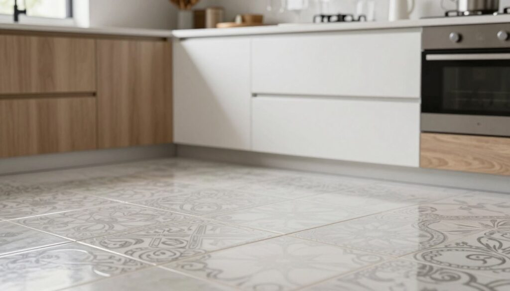 A beautifully designed kitchen scene featuring elegant ceramic tiles placed between modern cabinetry. The foreground showcases a close-up of glossy, patterned tiles that gleam under soft, natural lighting, highlighting their intricate details. In the middle ground, you can see sleek, minimalist cabinets, one in a warm wood tone and the other in a chic white finish, perfectly harmonizing with the tiles. The background consists of a softly blurred kitchen environment, evoking a clean and sophisticated atmosphere. The overall mood is one of timeless elegance and functionality, emphasizing the practicality and visual appeal of ceramic finishes in a modern kitchen setting. The angle captures the depth of the space, inviting viewers to appreciate the beauty and texture of the tiles without any distractions.