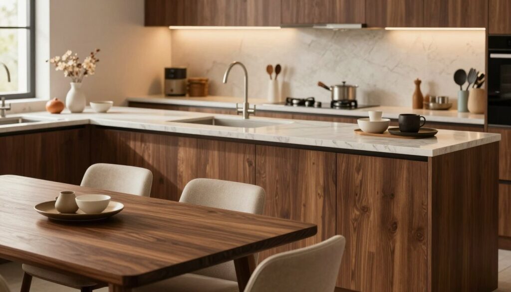 A beautifully designed kitchen showcasing contrasting and harmonious elements with brown kitchen furniture. In the foreground, a rich dark wooden dining table paired with light beige chairs creates a striking contrast. The middle section features cabinets in a warm walnut finish, accented by a sleek, light-colored countertop made of quartz with subtle veining. Various kitchen utensils and decorative items are artfully arranged on the countertop. The background captures warm ambient lighting, enhancing the inviting atmosphere, with soft natural light flooding in from a window. Focus on inviting textures and colors that exemplify the choice between contrast and harmony in kitchen design, shot from a slightly elevated angle to provide depth and perspective.