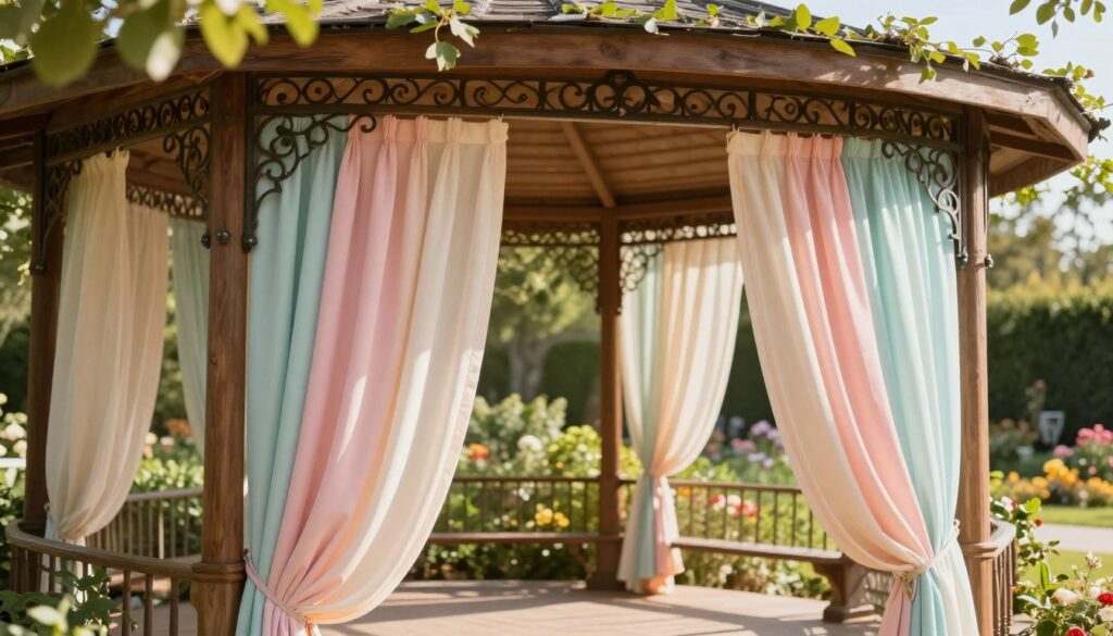A beautifully designed outdoor gazebo featuring elegant drapery setup with decorative curtain rods (karnisz). In the foreground, showcase the intricately designed karnisz, made of polished wood and ornate metal brackets, holding vibrant, flowing outdoor curtains in soft pastels. In the middle ground, portray the gazebo's charming structure adorned with greenery, with sunlight filtering through the leaves, casting gentle shadows on the ground. The background should hint at a peaceful garden setting, complete with blooming flowers and a hint of a tranquil sky. The atmosphere should evoke a sense of relaxation, inviting readers to envision serene outdoor gatherings. Use warm, soft lighting to enhance the tranquility of the scene, captured from a slightly elevated angle to accentuate the curtain details.