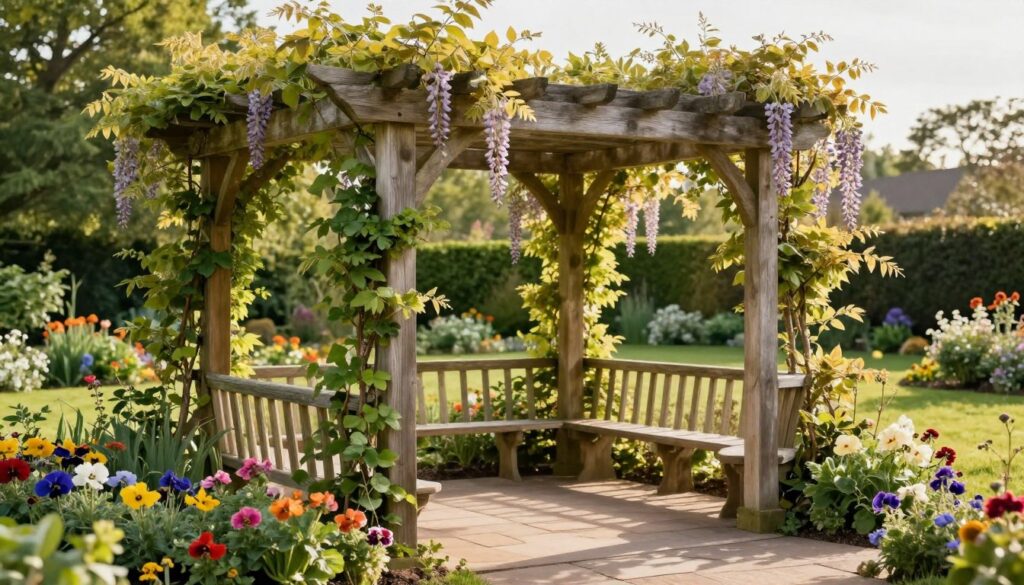 A beautifully designed wooden pergola set in a lush garden, adorned with climbing plants like wisteria and ivy, casting gentle shadows on a stone pathway. In the foreground, vibrant flower beds bloom with colorful annuals, while in the middle, the pergola stands gracefully, its beams interlaced with greenery. The background features a serene lawn and ornamental bushes, bathed in warm afternoon light that highlights the textures of the wood and foliage. A soft focus enhances the tranquil atmosphere, inviting the viewer to imagine a peaceful garden retreat. The angle captures the pergola's architectural details and the interplay of natural elements around it, creating a harmonious outdoor setting. A beautifully designed wooden pergola set in a lush garden, adorned with climbing plants like wisteria and ivy, casting gentle shadows on a stone pathway. In the foreground, vibrant flower beds bloom with colorful annuals, while in the middle, the pergola stands gracefully, its beams interlaced with greenery. The background features a serene lawn and ornamental bushes, bathed in warm afternoon light that highlights the textures of the wood and foliage. A soft focus enhances the tranquil atmosphere, inviting the viewer to imagine a peaceful garden retreat. The angle captures the pergola's architectural details and the interplay of natural elements around it, creating a harmonious outdoor setting.