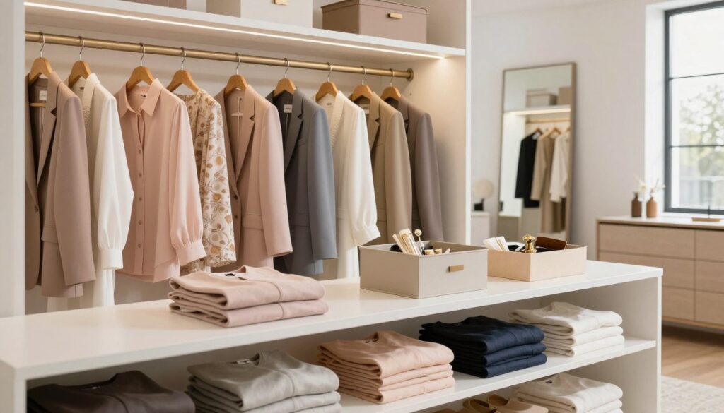 A beautifully organized capsule wardrobe neatly displayed in a modern, minimalist closet. In the foreground, showcase neatly folded clothes in soft pastel colors, stacked on clean white shelves. The middle layer features a stylish wooden rack displaying tailored blouses, blazers, and elegant dresses. A chic storage box containing accessories sits beside it. In the background, a softly lit dressing area with a large mirror reflects the garments. Natural light streams in through a window, creating a warm and inviting ambiance. The atmosphere is serene and sophisticated, emphasizing practicality in wardrobe storage and care, while maintaining a sense of style and elegance. Capture this scene with a wide-angle lens, focusing on the clarity and details of the clothing textures.