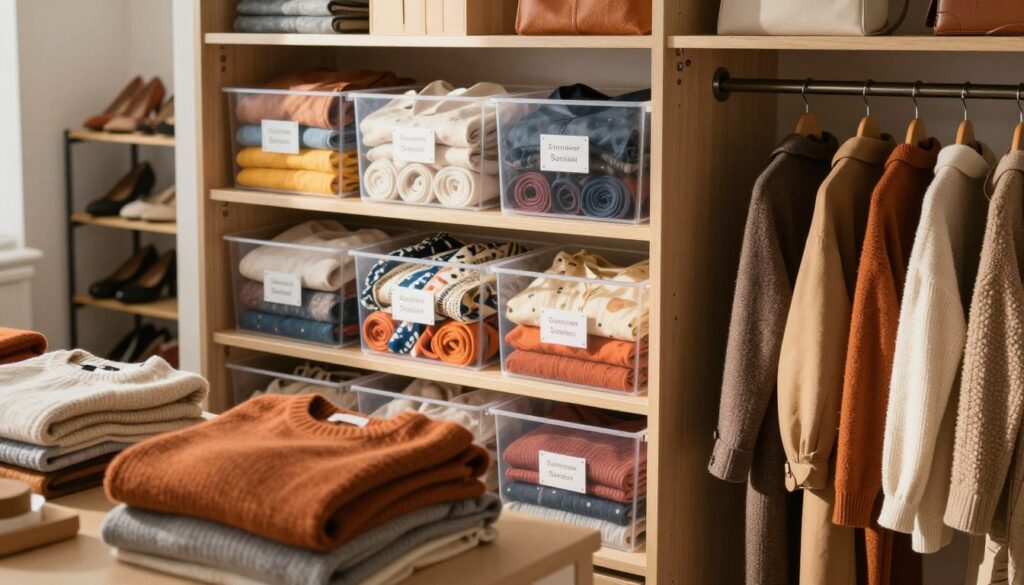 A beautifully organized deep wardrobe showcasing seasonal clothing zones. In the foreground, neatly folded sweaters and coats in warm autumn colors, with a few hanging on elegant hangers. The middle section reveals clear storage bins labeled by season, filled with neatly rolled summer clothes and vibrant dresses. Soft, natural lighting illuminates the scene, casting gentle shadows and highlighting the textures of fabrics. In the background, a glimpse of a stylishly arranged shoe rack complements the overall aesthetic. The atmosphere is serene and orderly, evoking a sense of calm and efficiency in closet organization. The composition is captured at a slight angle to emphasize depth and functionality, creating an inviting and visually appealing look at a well-organized wardrobe.