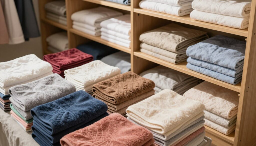 A beautifully organized linen closet filled with neatly arranged towels and bedding textiles. In the foreground, vibrant, folded towels in various sizes are stacked clearly, showcasing different colors and textures, creating a visually appealing pattern. The middle ground features neatly folded bed sheets and pillowcases, organized by color in labeled compartments, highlighting an efficient storage system. The background includes wooden shelves and soft lighting that enhances the warm and inviting atmosphere of the space. The scene captures a sense of order and tranquility, encouraging a feeling of space-saving and practicality. The angle provides a slight overhead view for a comprehensive look, with natural light filtering through the shelves, creating subtle shadows.