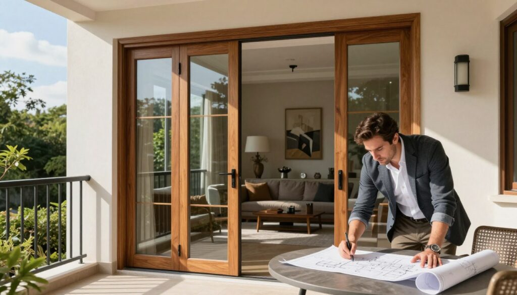 A beautifully renovated balcony door transitioning into an entryway, showcasing technical architectural details. The door frame is made of elegant wood, complemented by energy-efficient glass panels, creating a modern yet warm atmosphere. In the foreground, a professional architect in smart casual attire is examining blueprints laid out on a stylish outdoor table. The middle ground features the door slightly ajar, revealing a glimpse of a tastefully decorated interior. In the background, lush greenery and a bright, sunny sky enhance the inviting nature of the scene. The lighting is bright and natural, casting gentle shadows. The image conveys a sense of opportunity and transformation, perfect for illustrating the complexities and formalities involved in renovating balcony doors.