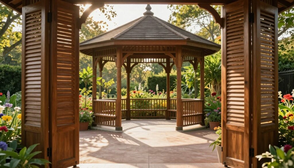 A beautifully structured outdoor space featuring elegant wooden blinds (żaluzje) installed on a charming garden gazebo. In the foreground, the wooden blinds are half-open, creating intricate light patterns on the floor, displaying shadows that dance with the gentle breeze. The middle ground showcases the gazebo surrounded by lush greenery and colorful flowers, inviting a sense of tranquility and relaxation. In the background, warm sunlight filters through the trees, casting a soft glow over the scene, suggesting a late afternoon setting. The atmosphere is serene and inviting, ideal for a peaceful retreat, captured using a wide-angle lens to emphasize the depth of the space. The image is bright and airy, enhancing the inviting nature of the gazebo as a perfect shady escape. A beautifully structured outdoor space featuring elegant wooden blinds (żaluzje) installed on a charming garden gazebo. In the foreground, the wooden blinds are half-open, creating intricate light patterns on the floor, displaying shadows that dance with the gentle breeze. The middle ground showcases the gazebo surrounded by lush greenery and colorful flowers, inviting a sense of tranquility and relaxation. In the background, warm sunlight filters through the trees, casting a soft glow over the scene, suggesting a late afternoon setting. The atmosphere is serene and inviting, ideal for a peaceful retreat, captured using a wide-angle lens to emphasize the depth of the space. The image is bright and airy, enhancing the inviting nature of the gazebo as a perfect shady escape.