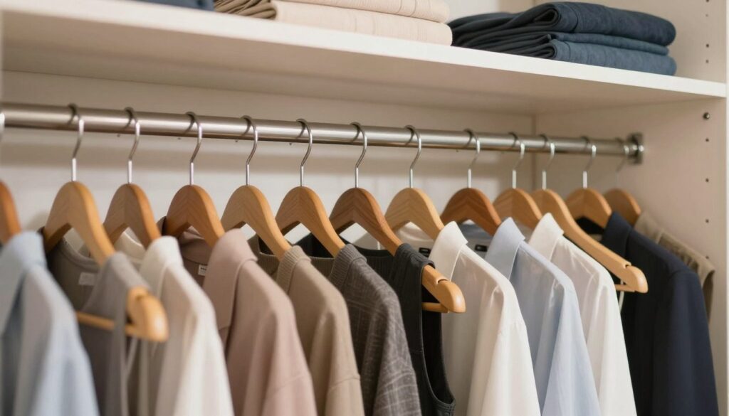 A bright and organized wardrobe interior featuring elegantly arranged clothing on well-designed hangers. In the foreground, showcase a variety of stylish clothes hanging on sleek, modern wieszaki (hangers) made of wood and metal, highlighting their unique shapes and functionality. The middle ground should display neatly folded garments on shelves, providing a sense of order and accessibility. The background includes soft, ambient lighting that casts gentle shadows, creating a cozy yet sophisticated atmosphere. Use a wide-angle lens to capture the entire wardrobe space, emphasizing the balance between the hangers and the folded items. The overall mood should be one of tranquility and inspiration, motivating viewers to maintain an orderly wardrobe for their everyday lives. A bright and organized wardrobe interior featuring elegantly arranged clothing on well-designed hangers. In the foreground, showcase a variety of stylish clothes hanging on sleek, modern wieszaki (hangers) made of wood and metal, highlighting their unique shapes and functionality. The middle ground should display neatly folded garments on shelves, providing a sense of order and accessibility. The background includes soft, ambient lighting that casts gentle shadows, creating a cozy yet sophisticated atmosphere. Use a wide-angle lens to capture the entire wardrobe space, emphasizing the balance between the hangers and the folded items. The overall mood should be one of tranquility and inspiration, motivating viewers to maintain an orderly wardrobe for their everyday lives.