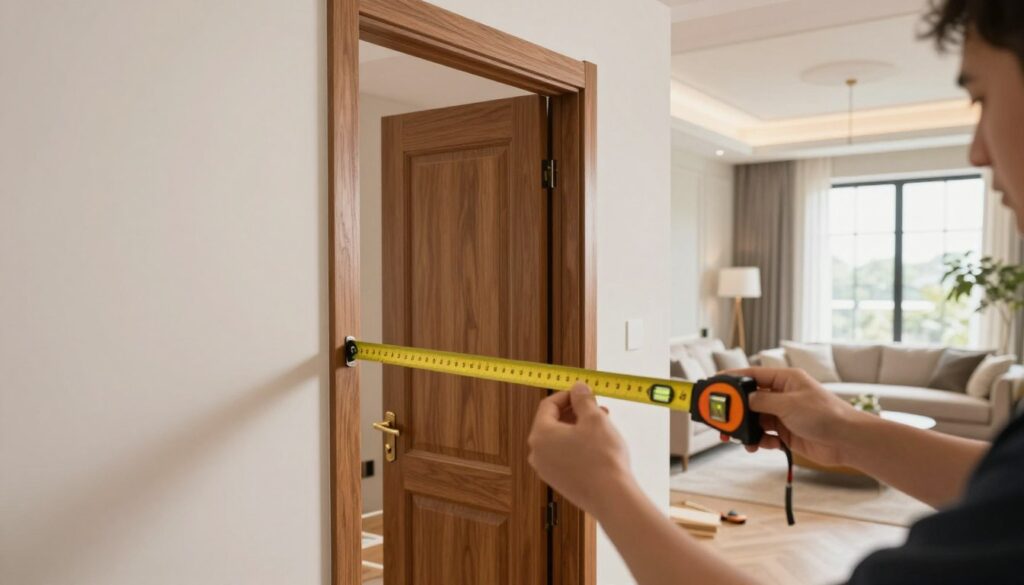 A bright, modern interior scene showcasing the installation of interior doors in a stylish home. In the foreground, hands of a skilled carpenter carefully positioning a wooden door frame, highlighting precise measurements and tools such as a level and measuring tape. The middle ground features a beautifully positioned wooden door with intricate paneling, standing upright next to an open wall. The background showcases an elegant living space with soft lighting filtering through a large window, illuminating neutral-colored walls and contemporary furnishings. The atmosphere is professional and focused, evoking a sense of craftsmanship and attention to detail, ideal for a renovation setting. The angle is slightly elevated to capture the depth of the space, with warm tones that create a welcoming ambiance. A bright, modern interior scene showcasing the installation of interior doors in a stylish home. In the foreground, hands of a skilled carpenter carefully positioning a wooden door frame, highlighting precise measurements and tools such as a level and measuring tape. The middle ground features a beautifully positioned wooden door with intricate paneling, standing upright next to an open wall. The background showcases an elegant living space with soft lighting filtering through a large window, illuminating neutral-colored walls and contemporary furnishings. The atmosphere is professional and focused, evoking a sense of craftsmanship and attention to detail, ideal for a renovation setting. The angle is slightly elevated to capture the depth of the space, with warm tones that create a welcoming ambiance.