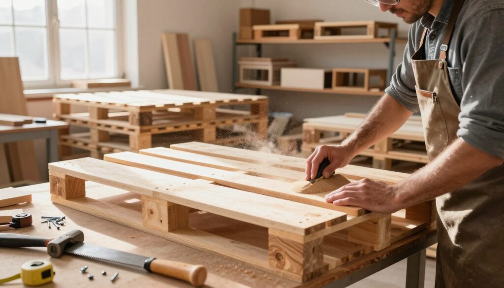 A bright workshop scene showcasing the process of preparing wooden pallets for furniture-making. In the foreground, a skilled craftsman wearing a safety apron and goggles is sanding down a pallet, with dust particles illuminated by warm sunlight filtering through nearby windows. The mid-ground features an assortment of neatly stacked pallets, tools such as a saw and hammer, and a workbench cluttered with wood screws and measuring tape. In the background, shelves filled with finished wooden furniture pieces, creating a sense of accomplishment and inspiration. The atmosphere is focused and industrious, evoking the satisfaction of craftsmanship. The lighting is soft yet bright, emphasizing the natural wood textures. The angle captures a dynamic perspective, drawing the viewer into the scene.
