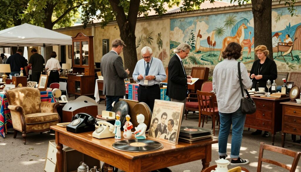 A bustling outdoor vintage flea market scene, filled with retro furniture and eclectic antiques from the PRL era. In the foreground, a polished wooden table displays a variety of vintage items including a classic rotary phone, ceramic figurines, and a collection of vinyl records. The middle ground features vendors in professional attire interacting with customers, examining items and discussing prices. Stalls draped in colorful fabrics showcase old-school armchairs and retro dining sets under soft, warm sunlight filtering through trees, creating a nostalgic atmosphere. In the background, a gently faded mural adds character, evoking memories of the past. The image captures a lively, inviting ambiance, ideal for those exploring local sales opportunities.