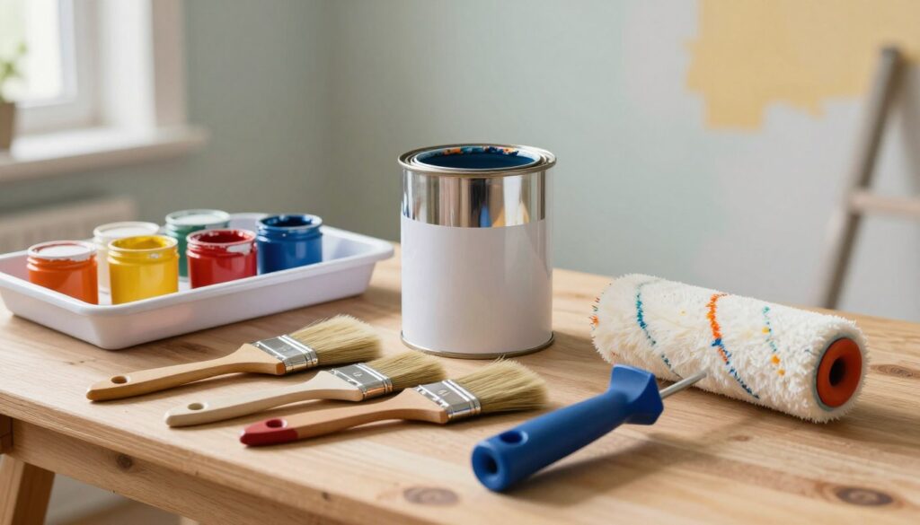 A carefully arranged collection of painting tools on a wooden workbench, showcasing essential items like brushes of various sizes, a paint roller, a painter's tray, and cans of moisture-resistant paint in vibrant colors. In the foreground, the brushes display fine bristles and ergonomic handles, while the roller is positioned with vibrant paint splatters. The middle ground reveals an open can of paint with a glossy finish, reflecting light, emphasizing its quality. The background features soft-focus walls in subtle, inviting colors, hinting at a home improvement setting. Natural light streams in from a nearby window, creating a warm and inspiring atmosphere. The overall mood conveys creativity, professionalism, and readiness for a painting project. A carefully arranged collection of painting tools on a wooden workbench, showcasing essential items like brushes of various sizes, a paint roller, a painter's tray, and cans of moisture-resistant paint in vibrant colors. In the foreground, the brushes display fine bristles and ergonomic handles, while the roller is positioned with vibrant paint splatters. The middle ground reveals an open can of paint with a glossy finish, reflecting light, emphasizing its quality. The background features soft-focus walls in subtle, inviting colors, hinting at a home improvement setting. Natural light streams in from a nearby window, creating a warm and inspiring atmosphere. The overall mood conveys creativity, professionalism, and readiness for a painting project.