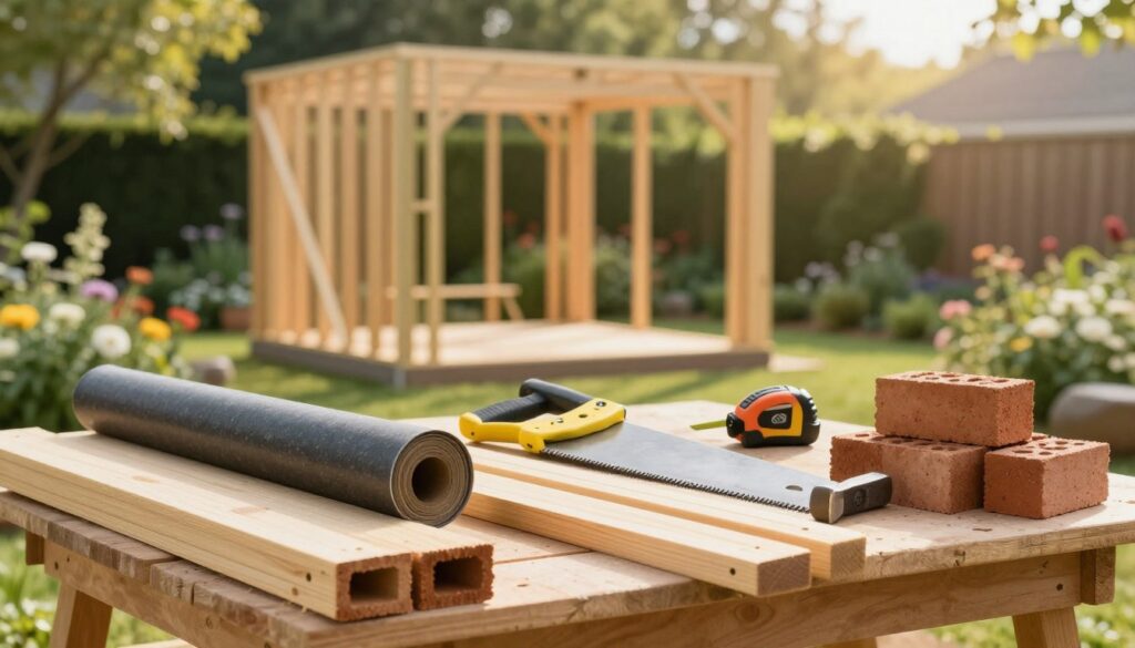 A carefully arranged workspace for building a garden gazebo, showcasing essential materials and tools. In the foreground, there are stacks of wooden beams, a roll of durable roofing material, and a pile of bricks. Prominently displayed are tools like a saw, hammer, and measuring tape, arranged neatly on a workbench. In the middle ground, a partially constructed gazebo frame rises, demonstrating the structure's progression. The background features a lush garden setting with trees and flowers, bathed in warm sunlight to create an inviting atmosphere. The image is captured with a soft focus lens that highlights the foreground tools and materials while giving a sense of depth to the scene, evoking a mood of productivity and creativity. A carefully arranged workspace for building a garden gazebo, showcasing essential materials and tools. In the foreground, there are stacks of wooden beams, a roll of durable roofing material, and a pile of bricks. Prominently displayed are tools like a saw, hammer, and measuring tape, arranged neatly on a workbench. In the middle ground, a partially constructed gazebo frame rises, demonstrating the structure's progression. The background features a lush garden setting with trees and flowers, bathed in warm sunlight to create an inviting atmosphere. The image is captured with a soft focus lens that highlights the foreground tools and materials while giving a sense of depth to the scene, evoking a mood of productivity and creativity.