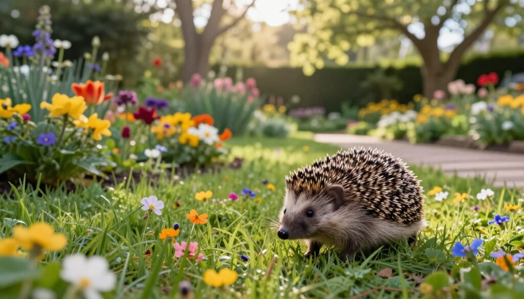 A charming garden scene featuring a European hedgehog, depicted in the foreground as it wanders through lush green grass scattered with colorful wildflowers. The hedgehog’s spines are detailed and glistening softly in the gentle morning light. In the middle ground, a vibrant flower bed contrasts with a small stone path leading deeper into the garden, encouraging a sense of exploration and inviting nature. The background reveals tall, leafy trees with soft sunlight filtering through the branches, creating dappled shadows on the ground. The overall mood is serene and harmonious, evoking the beauty of wildlife coexisting in a peaceful garden environment. The image should be shot from a slightly low angle to emphasize the hedgehog’s adorable presence in its natural habitat, with a warm and inviting color palette.