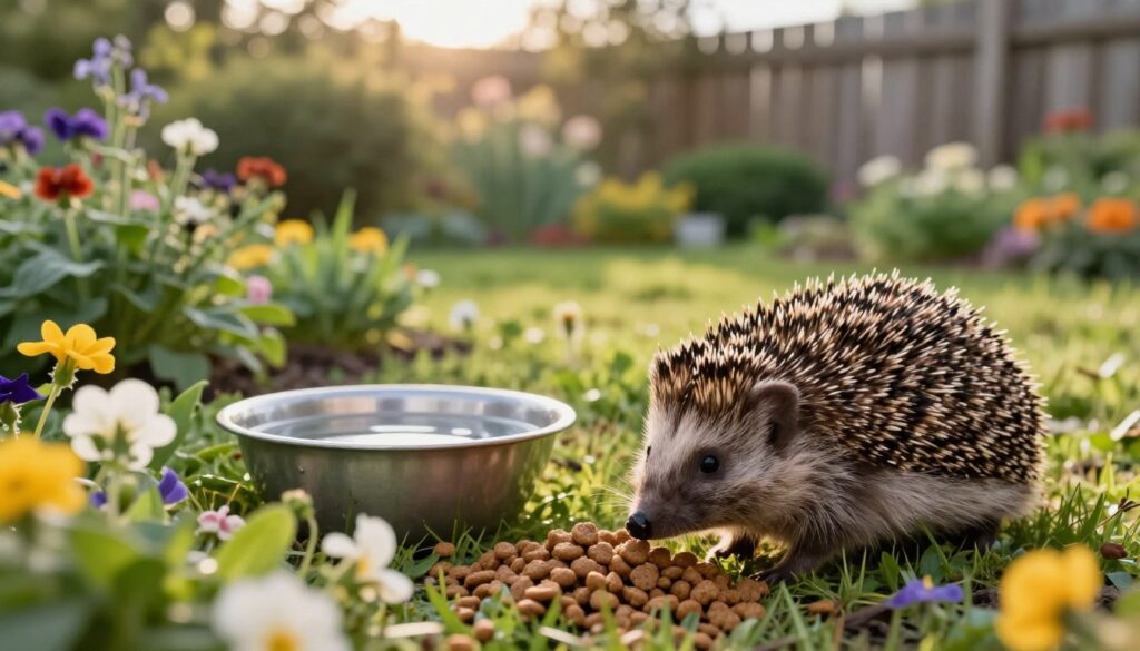 A charming garden scene featuring a hedgehog in a natural setting. In the foreground, the hedgehog is foraging among a variety of colorful flowers and lush green foliage, with its spiky back glistening in soft sunlight. In the middle ground, a shallow bowl filled with fresh water sits next to a small pile of dry cat food, emphasizing safe feeding practices for wild hedgehogs. The background shows a well-tended garden with a mix of shrubs, wildflowers, and a wooden fence, lightly blurred to create depth. The warm, golden hour lighting casts a gentle glow, evoking a peaceful and inviting atmosphere, perfect for fostering a connection with nature.