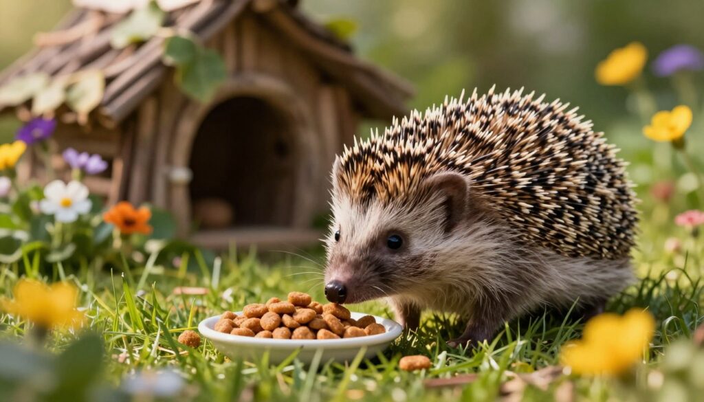 A charming hedgehog gently exploring a lush garden, nestled in soft green grass and surrounded by vibrant wildflowers. The hedgehog, with its characteristic spiky coat, is curiously sniffing at a small dish of cat food placed nearby, symbolizing a natural feeding ground. In the background, a cozy shelter made of twigs and leaves offers a secure home. The scene is bathed in warm, golden sunlight, casting soft shadows and creating a tranquil atmosphere. A close-up view captures the hedgehog's endearing features, with the flowers and shelter slightly blurred to emphasize its presence. The image evokes a sense of harmony and peacefulness, inviting viewers to appreciate the beauty of nature while appealing to the desire for wildlife in gardens. A charming hedgehog gently exploring a lush garden, nestled in soft green grass and surrounded by vibrant wildflowers. The hedgehog, with its characteristic spiky coat, is curiously sniffing at a small dish of cat food placed nearby, symbolizing a natural feeding ground. In the background, a cozy shelter made of twigs and leaves offers a secure home. The scene is bathed in warm, golden sunlight, casting soft shadows and creating a tranquil atmosphere. A close-up view captures the hedgehog's endearing features, with the flowers and shelter slightly blurred to emphasize its presence. The image evokes a sense of harmony and peacefulness, inviting viewers to appreciate the beauty of nature while appealing to the desire for wildlife in gardens.