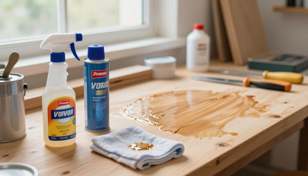 A clean and organized workbench in a well-lit workshop, featuring various professional wood treatment products neatly arranged. In the foreground, there's a spray bottle with a vibrant label, a can of wood cleaner, and biodegradable wipes, all focused sharply. The middle ground showcases a wooden surface with visible grease stains, partially cleaned to demonstrate effectiveness, with a cloth nearby stained with grease. In the background, the soft glow of natural light filters through a window, illuminating the tools and materials, creating a welcoming and industrious atmosphere. The scene conveys professionalism, highlighting the importance of preparation in the painting process for better adhesion. A clean and organized workbench in a well-lit workshop, featuring various professional wood treatment products neatly arranged. In the foreground, there's a spray bottle with a vibrant label, a can of wood cleaner, and biodegradable wipes, all focused sharply. The middle ground showcases a wooden surface with visible grease stains, partially cleaned to demonstrate effectiveness, with a cloth nearby stained with grease. In the background, the soft glow of natural light filters through a window, illuminating the tools and materials, creating a welcoming and industrious atmosphere. The scene conveys professionalism, highlighting the importance of preparation in the painting process for better adhesion.