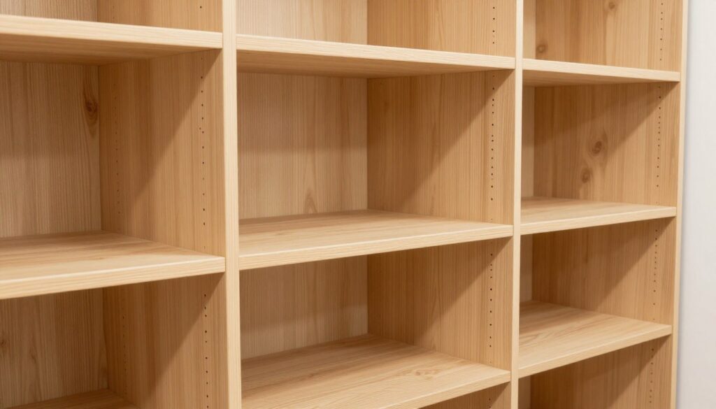 A close-up illustration of a wardrobe construction, focusing on the structure of the body and interior division. The foreground features well-crafted wooden panels and shelves arranged in organized sections, emphasizing practical space management. The middle ground highlights the connection points and joinery techniques used in the assembly, showcasing a clean and efficient design. In the background, soft ambient lighting creates a warm atmosphere, illuminating the texture of the wood and the precision of the cuts. The image captures a sense of simplicity and functionality, ideal for DIY enthusiasts looking to create an affordable storage solution. The perspective is slightly angled, offering depth and a clear view of the shapely contours of the wardrobe.