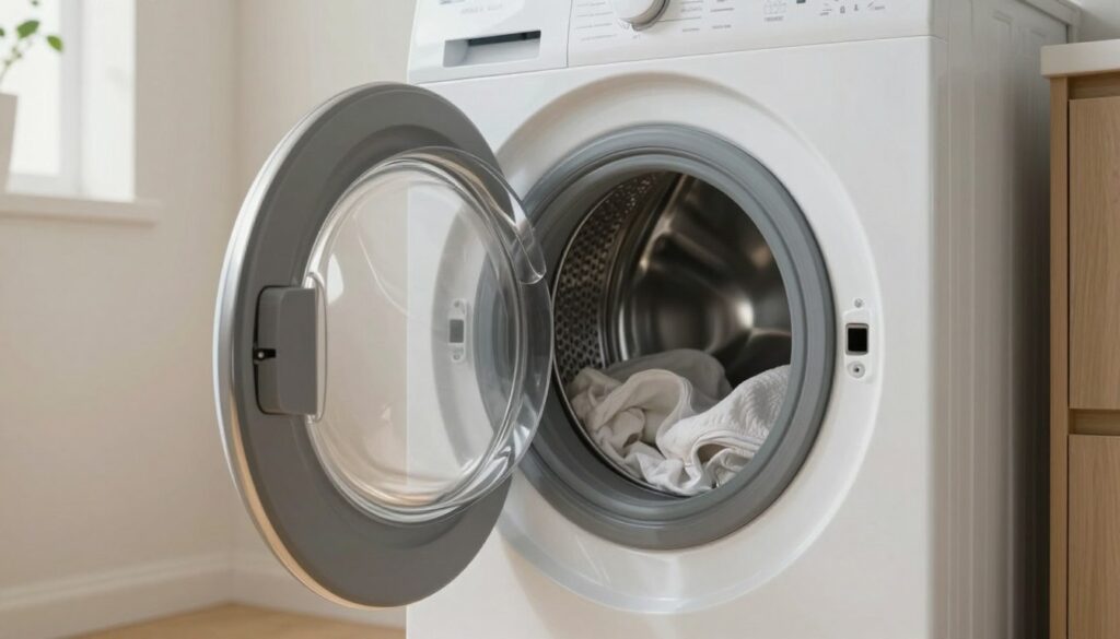 A close-up image of a modern washing machine door, featuring a sleek, transparent glass design with a metallic frame. The door is slightly ajar, revealing the interior drum with a few wet clothes visible, emphasizing the aftermath of a completed wash cycle. Soft, diffused light streams from a nearby window, casting gentle reflections on the glass and showcasing the intricate details of the washing machine's controls and the surrounding laundry space. The background is a tidy laundry room with a neutral color palette, ensuring the focus remains on the washing machine door. The mood is calm and informative, reflecting a practical solution for accessing a locked appliance safely.