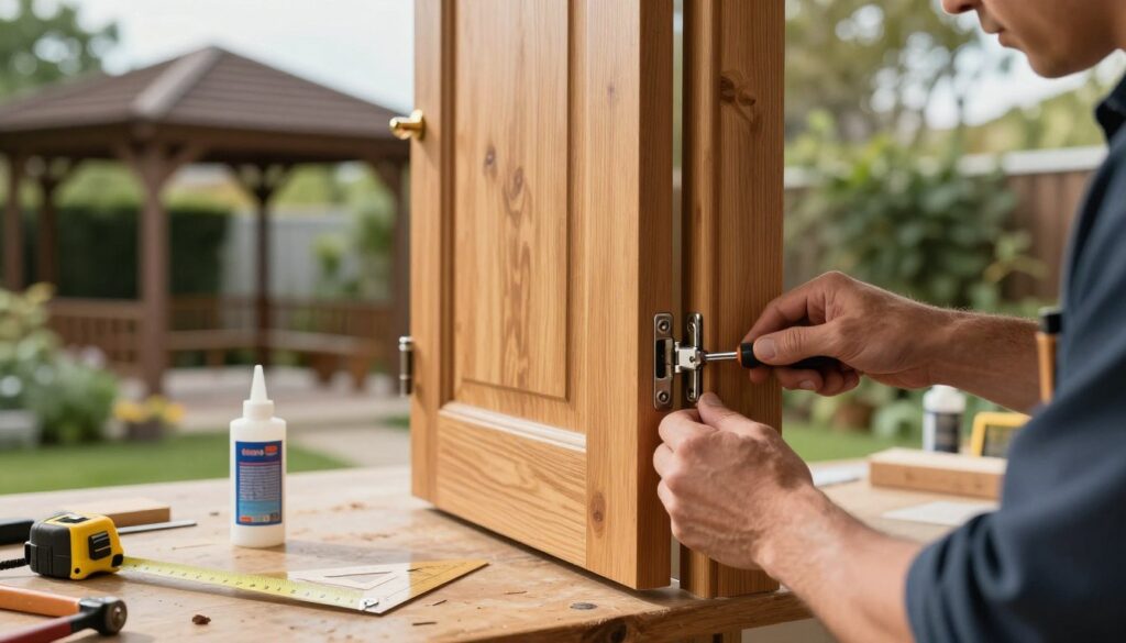 A close-up image of a skilled carpenter installing hinges on a wooden door for a garden pavilion, focusing on the careful alignment and attachment process. In the foreground, show the carpenter's hands firmly holding a screwdriver as they secure the hinge, with a well-worn workbench in the frame, scattered with tools like a measuring tape, square, and wood glue. In the middle, the sturdy wooden door stands upright, showcasing a natural finish that highlights the grain. The background features an outdoor setting with greenery and a partially built garden pavilion, under soft, diffused sunlight that casts gentle shadows. The atmosphere is one of dedication and craftsmanship, emphasizing the importance of quality construction. The image should convey a peaceful working environment, free from distractions. A close-up image of a skilled carpenter installing hinges on a wooden door for a garden pavilion, focusing on the careful alignment and attachment process. In the foreground, show the carpenter's hands firmly holding a screwdriver as they secure the hinge, with a well-worn workbench in the frame, scattered with tools like a measuring tape, square, and wood glue. In the middle, the sturdy wooden door stands upright, showcasing a natural finish that highlights the grain. The background features an outdoor setting with greenery and a partially built garden pavilion, under soft, diffused sunlight that casts gentle shadows. The atmosphere is one of dedication and craftsmanship, emphasizing the importance of quality construction. The image should convey a peaceful working environment, free from distractions.