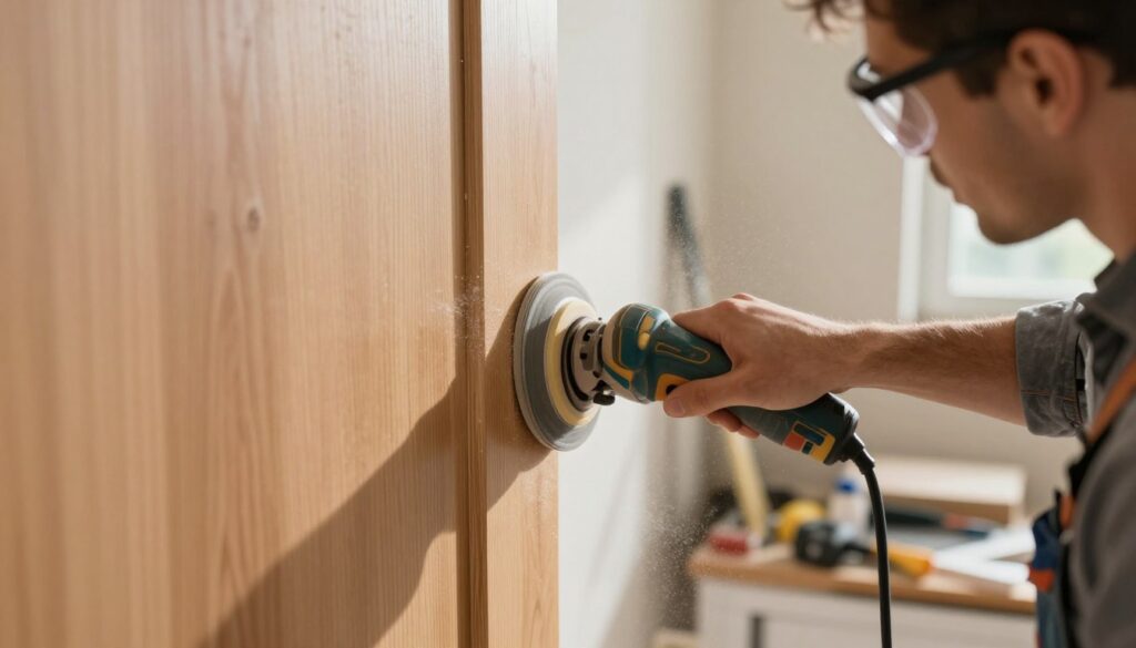 A close-up image of a skilled professional preparing the surface of a door for insulation installation. The scene focuses on a person in a modest casual outfit, wearing safety goggles and holding a sanding tool, carefully sanding down the door’s surface to create a smooth finish. In the foreground, we see dust particles catching the sunlight, adding a dynamic quality to the image. The middle ground features the door itself, showing wood grain and some imperfections being worked on. In the background, soft-focus tools and materials for insulation can be seen, creating a workshop atmosphere. The lighting is bright and natural, emphasizing the meticulous nature of the work while conveying a sense of professionalism and readiness for the insulation process.