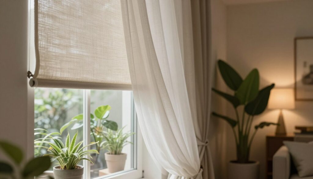 A close-up interior scene showcasing various window coverings aimed at enhancing thermal and acoustic insulation. In the foreground, display a stylish, modern window with an elegant sheer curtain partially drawn back, revealing a decorative, soundproof roller shade. The middle ground features thoughtfully arranged potted plants that soften the space and improve ambiance. In the background, a subtle glimpse of a cozy living room with warm, ambient lighting creates a welcoming atmosphere. Use a soft, diffused light to emphasize the textures of the materials and the intricacies of the window coverings. Capture the scene from a slight angle to give depth and a sense of openness, evoking serenity and privacy. The overall mood should be tranquil and aesthetically pleasing. A close-up interior scene showcasing various window coverings aimed at enhancing thermal and acoustic insulation. In the foreground, display a stylish, modern window with an elegant sheer curtain partially drawn back, revealing a decorative, soundproof roller shade. The middle ground features thoughtfully arranged potted plants that soften the space and improve ambiance. In the background, a subtle glimpse of a cozy living room with warm, ambient lighting creates a welcoming atmosphere. Use a soft, diffused light to emphasize the textures of the materials and the intricacies of the window coverings. Capture the scene from a slight angle to give depth and a sense of openness, evoking serenity and privacy. The overall mood should be tranquil and aesthetically pleasing.