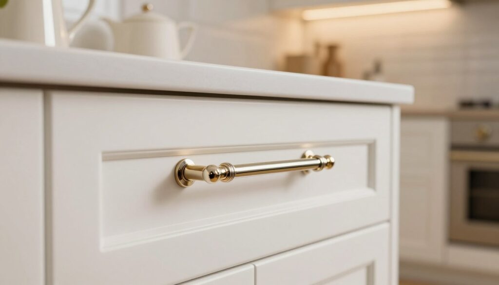 A close-up of elegant glamour-style handles for white kitchen furniture, showcasing their refined design and luxurious finishes. The foreground features a beautifully crafted handle with intricate details and a polished chrome or gold finish, set against a backdrop of smooth white cabinetry. In the middle ground, the kitchen space includes softly lit ambient lighting that highlights the handle’s shine and textures, adding warmth to the scene. The background reveals soft-focus elements of the kitchen, enhancing the atmosphere of sophistication and timeless elegance. Use soft lighting to create a serene and inviting mood, ensuring a professional yet stylish presentation. The angle should be slightly above eye level to capture the handles prominently while providing context to the kitchen environment. A close-up of elegant glamour-style handles for white kitchen furniture, showcasing their refined design and luxurious finishes. The foreground features a beautifully crafted handle with intricate details and a polished chrome or gold finish, set against a backdrop of smooth white cabinetry. In the middle ground, the kitchen space includes softly lit ambient lighting that highlights the handle’s shine and textures, adding warmth to the scene. The background reveals soft-focus elements of the kitchen, enhancing the atmosphere of sophistication and timeless elegance. Use soft lighting to create a serene and inviting mood, ensuring a professional yet stylish presentation. The angle should be slightly above eye level to capture the handles prominently while providing context to the kitchen environment.