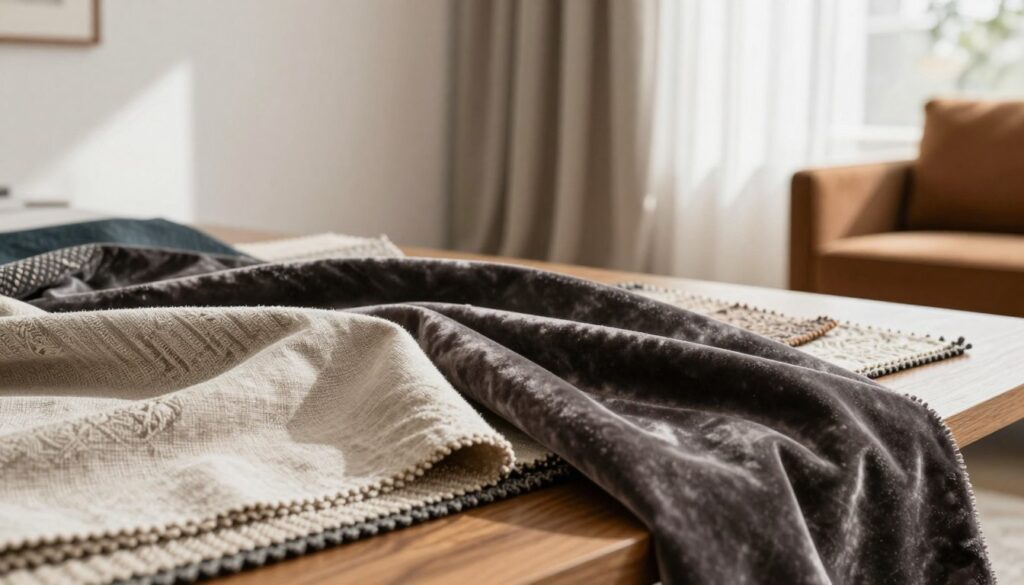 A close-up view of a beautifully arranged selection of various fabric swatches, highlighting the significance of texture and material in interior design. In the foreground, luxurious velvet, crisp linen, and intricate jacquard patterns are draped elegantly over a smooth wooden surface. The middle ground showcases a cozy living space with soft, diffused natural light streaming in through sheer curtains, casting gentle shadows. In the background, a stylish curtain hanging against white walls, complemented by warm brown furniture, creates a harmonious color palette. The atmosphere is inviting and sophisticated, evoking a sense of warmth and elegance, perfect for illustrating the importance of fabric choice in enhancing home decor.