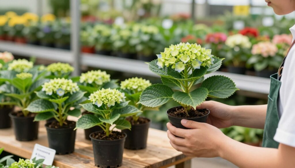 A close-up view of a gardener inspecting a healthy hydrangea cutting in a vibrant nursery. The foreground features the gardener's hands gently holding a lush, green hydrangea cutting, showcasing its rich leaves and budding flowers. In the middle, several other hydrangea cuttings are arranged neatly on a wooden table, with labels clearly indicating their different varieties. The background reveals a well-organized plant nursery, filled with colorful blooms and greenery, under bright, natural sunlight. Soft bokeh enhances the atmospheric feel, instilling a sense of care and attention to plant quality. The mood conveys professionalism and dedication to horticulture, perfect for an informative gardening article.