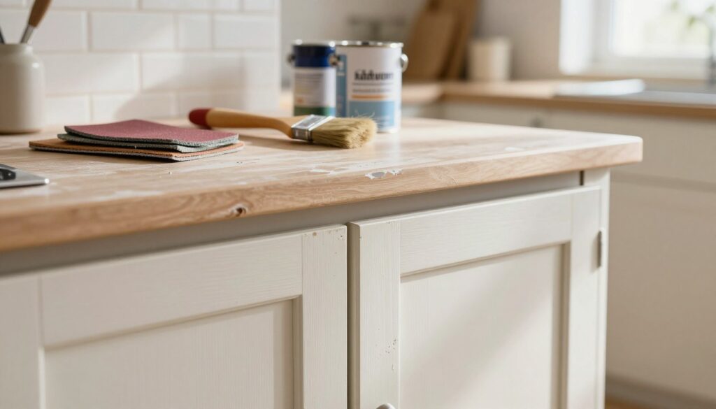 A close-up view of a kitchen cabinet in need of refurbishment, showcasing areas of wear and tear. The foreground features scratches, chipped paint, and fading on the cabinet doors, emphasizing their technical condition. In the middle, a well-organized workbench is visible with tools like sandpaper, brushes, and paint cans, hinting at the preparation for painting. The background displays a softly lit kitchen environment, with warm natural light filtering through a nearby window, casting gentle shadows. The overall mood is one of anticipation and creativity, focusing on the potential transformation of the furniture. The image should be bright and inviting, encouraging the idea of home improvement.