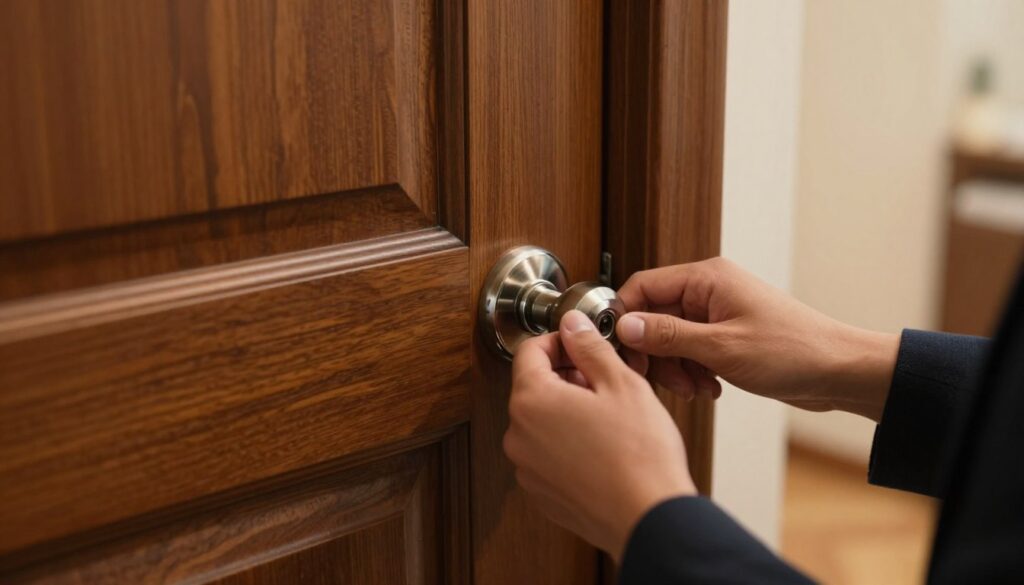 A close-up view of a locked interior door, prominently displaying a shiny doorknob and a visibly engaged lock. The door is made of rich, dark wood, with intricate grain patterns, suggesting a classic style. The background features a softly lit room, with warm tones illuminating the natural textures of the walls and floor, hinting at a cozy, inviting atmosphere. In the foreground, a pair of well-groomed hands, dressed in smart casual attire, are positioned near the doorknob, cautiously assessing the situation. The lighting captures soft shadows, creating an air of intrigue and focus on the task at hand. The image should convey a sense of calm determination as the person prepares to troubleshoot the locked door.