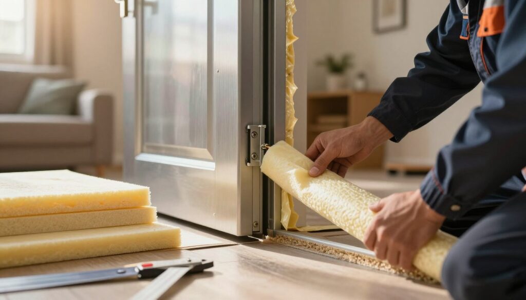 A close-up view of a metal door being insulated, showcasing a worker in professional attire carefully applying insulation materials. The foreground features various insulation products, such as foamboard and weatherstripping, neatly arranged, emphasizing their effectiveness. The middle ground highlights the door, which should appear sturdy and shiny, reflecting its metallic surface. In the background, a cozy home setting is suggested, with warm, inviting lighting to convey a sense of comfort and energy efficiency. Soft shadows enhance the textures of the materials, while a lens flare from the sunlight creates a welcoming atmosphere. Overall, the image should evoke a sense of improvement and enhancing home insulation. A close-up view of a metal door being insulated, showcasing a worker in professional attire carefully applying insulation materials. The foreground features various insulation products, such as foamboard and weatherstripping, neatly arranged, emphasizing their effectiveness. The middle ground highlights the door, which should appear sturdy and shiny, reflecting its metallic surface. In the background, a cozy home setting is suggested, with warm, inviting lighting to convey a sense of comfort and energy efficiency. Soft shadows enhance the textures of the materials, while a lens flare from the sunlight creates a welcoming atmosphere. Overall, the image should evoke a sense of improvement and enhancing home insulation.