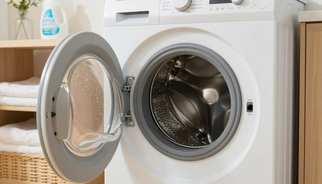 A close-up view of a modern washing machine door, slightly ajar, revealing its intricate mechanisms. The machine is sleek and metallic, with a bright white finish and a glass door that showcases water droplets on the inside, suggesting it has just completed a wash cycle. The lighting is soft and warm, creating a cozy atmosphere in a well-lit laundry room. In the background, neatly folded towels are stacked on a shelf, and a bottle of detergent sits on a countertop, adding to the domestic setting. The angle is slightly from above, focusing on the door for a clear understanding of how to safely open it. The overall mood conveys a sense of care and practicality, ideal for addressing common issues with washing machines.