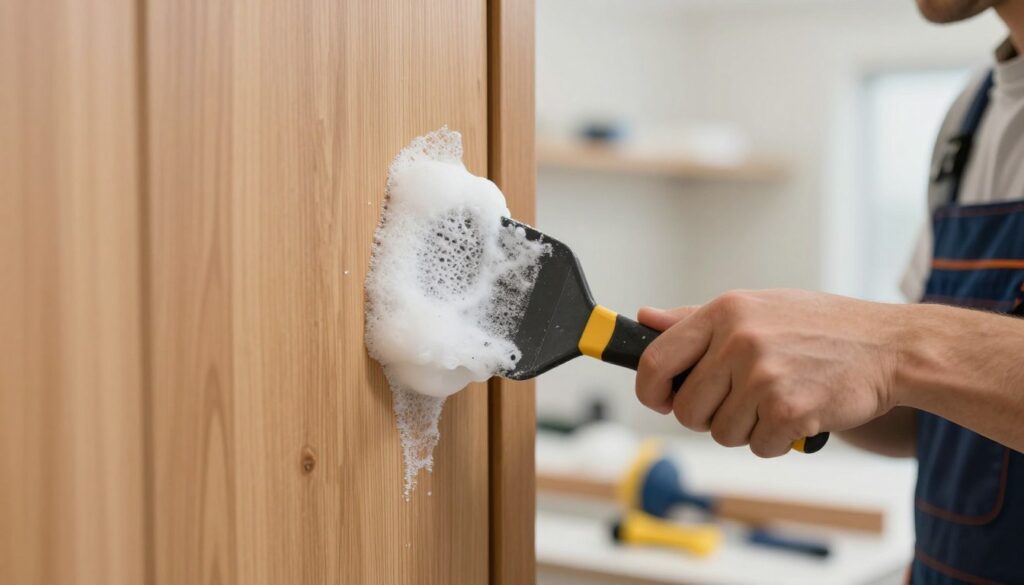 A close-up view of a person in professional clothing gently scraping dried expanding foam from a wooden door surface with a plastic scraper. The foreground features the scraper and a portion of the foam being removed, showcasing detail in the texture of the foam and the smoothness of the door. In the middle ground, the individual's hands are visible, carefully working to preserve the door's finish without scratches. The background blurs slightly, hinting at a well-lit workshop environment, highlighting tools for cleaning and repair. Soft, diffused lighting casts even illumination, creating a calm and focused atmosphere conducive to meticulous work. A close-up view of a person in professional clothing gently scraping dried expanding foam from a wooden door surface with a plastic scraper. The foreground features the scraper and a portion of the foam being removed, showcasing detail in the texture of the foam and the smoothness of the door. In the middle ground, the individual's hands are visible, carefully working to preserve the door's finish without scratches. The background blurs slightly, hinting at a well-lit workshop environment, highlighting tools for cleaning and repair. Soft, diffused lighting casts even illumination, creating a calm and focused atmosphere conducive to meticulous work.