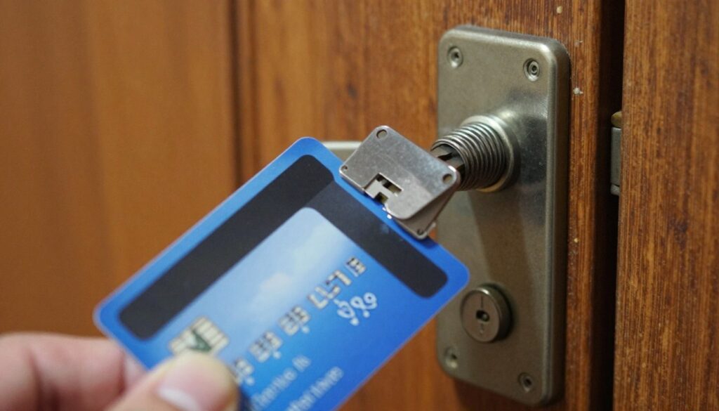 A close-up view of a plastic card being inserted into a traditional door lock, highlighting the mechanism of a spring bolt. The card should be shown in vivid detail, with a focus on its texture and the angle it’s being held, suggesting the action of unlocking. In the background, a wooden door with a charming, rustic finish sets the scene, while soft, warm lighting illuminates the card and lock, creating a sense of intimacy and curiosity. The camera angle should be from slightly below, emphasizing the importance of the action. An inviting atmosphere hints at problem-solving and creativity, ideal for illustrating a clever home method. A close-up view of a plastic card being inserted into a traditional door lock, highlighting the mechanism of a spring bolt. The card should be shown in vivid detail, with a focus on its texture and the angle it’s being held, suggesting the action of unlocking. In the background, a wooden door with a charming, rustic finish sets the scene, while soft, warm lighting illuminates the card and lock, creating a sense of intimacy and curiosity. The camera angle should be from slightly below, emphasizing the importance of the action. An inviting atmosphere hints at problem-solving and creativity, ideal for illustrating a clever home method.