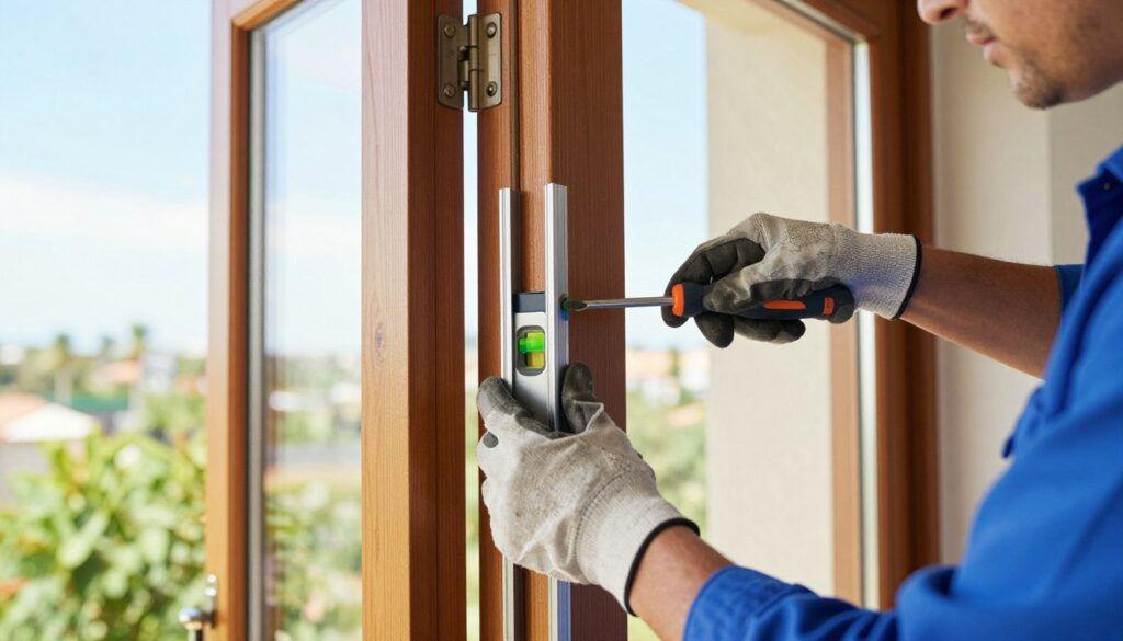 A close-up view of a professional handyman adjusting a set of balcony doors to ensure they are level. The handyman, wearing a blue shirt and work gloves, is carefully using a level tool and a screwdriver to make adjustments. In the foreground, the focus is on the hands gripping the screwdriver and the level sitting on the door. The middle ground shows the wooden balcony doors, slightly ajar, with an emphasis on the hinges and the frame. The background features a bright, well-lit outdoor setting with green plants and a clear blue sky. The mood is focused and industrious, emphasizing precision and technical skill in home improvement. The lighting is natural, highlighting the textures of the wood and tools without any distractions.